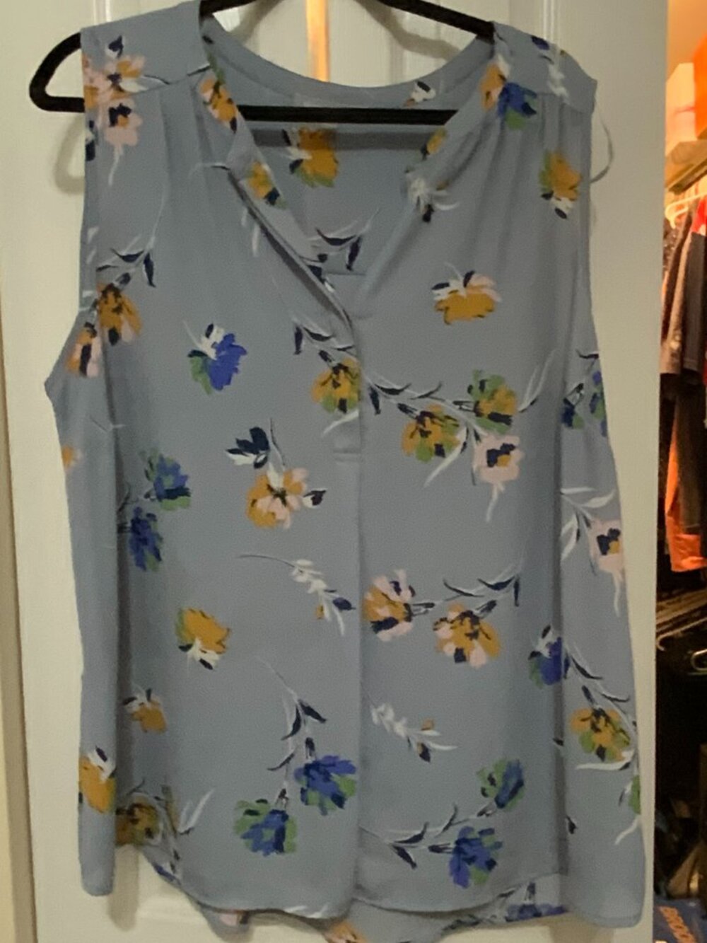 Daniel Rainn Floral Split Neck Sleeveless Blouse Top Slate Blue Yellow 2X